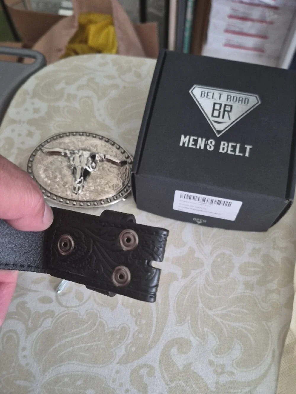 Belt Road Black Leather Belt with Silver Longhorn Buckle